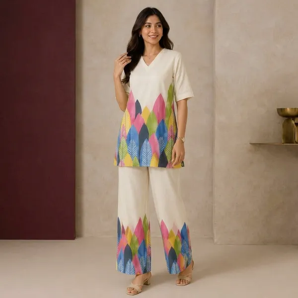 Cream_Cotton_Relaxed_Leaf_Print_Top_Palazzo_Co_Ord_Set_For_Women