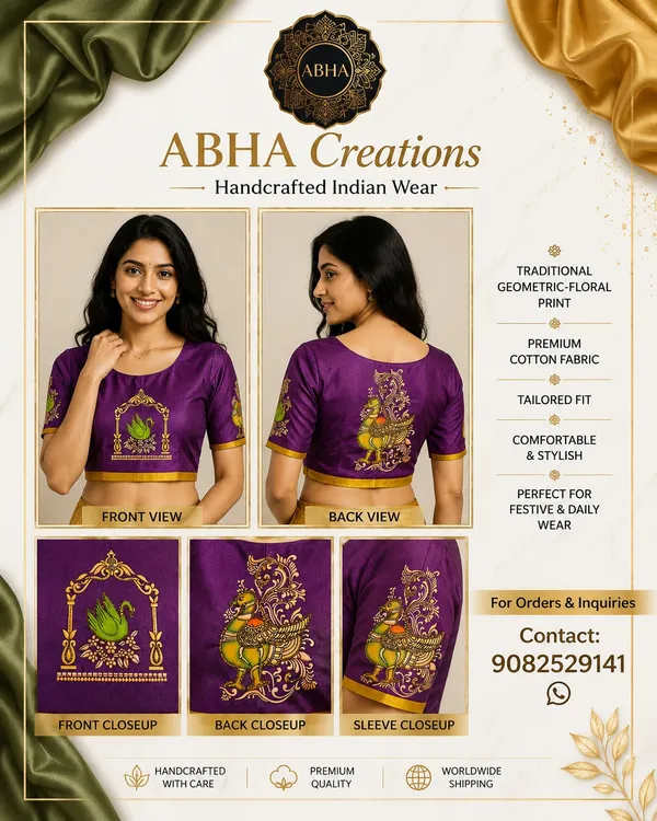 Purple_Cotton_Embroidered_Peacock_Print_Saree_Blouse_For_Women