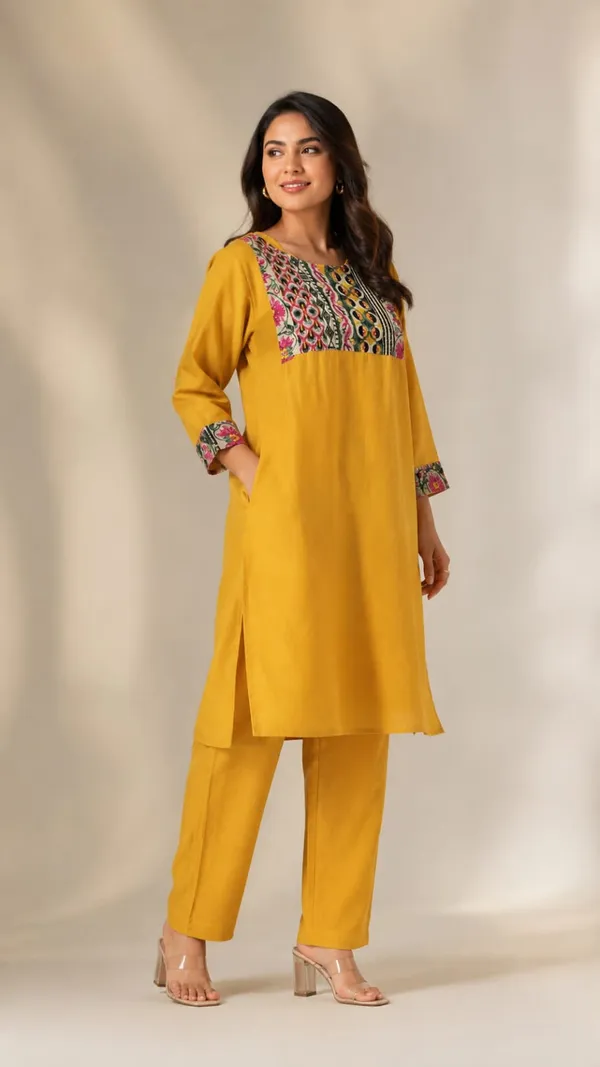Mustard_Yellow_Cotton_Floral_Yoke_Straight_Kurta_Pant_Set_For_Women
