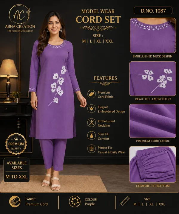 Purple_Cord_Fabric_Embroidered_Slim_Fit_Kurta_Set_For_Women