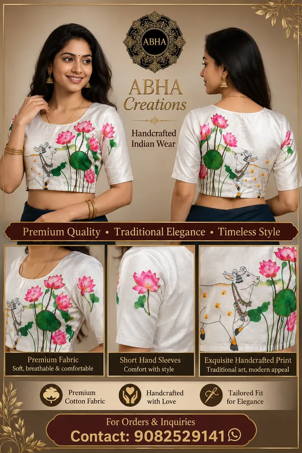 White_Cotton_Lotus_Hand_Painted_Designer_Blouse_For_Women