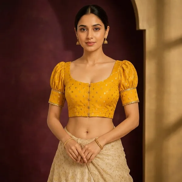 Yellow_Silk_Puff_Sleeve_Saree_Blouse_For_Women