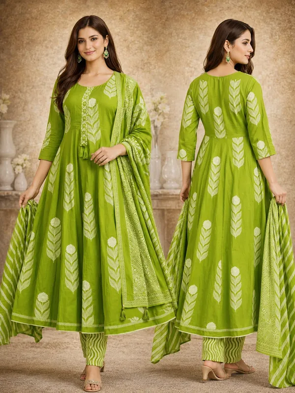 Green_Cotton_Flared_Anarkali_Printed_Kurta_Set_With_Dupatta_For_Women