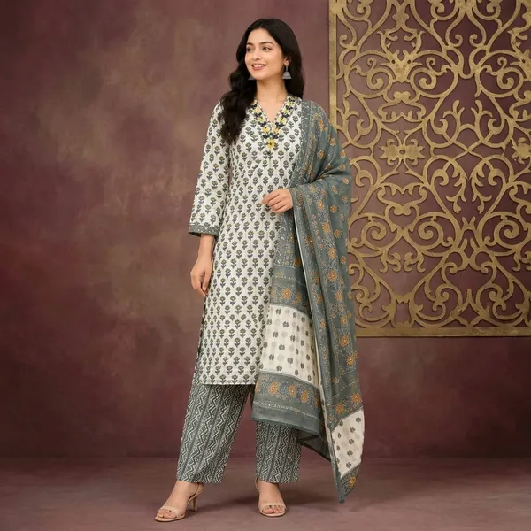Green_Pure_Cotton_Printed_Kurta_Palazzo_Dupatta_Set_For_Women