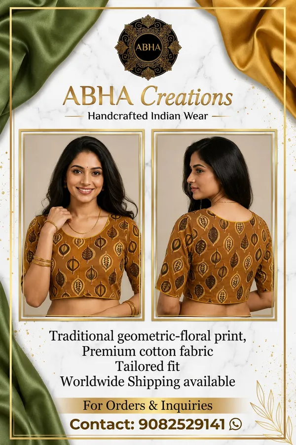Mustard_Cotton_Leaf_Print_Tailored_Fit_Saree_Blouse_For_Women