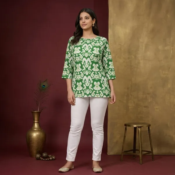Green_Cotton_Printed_Short_Kurti_For_Women