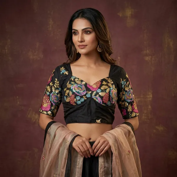 Black_Silk_Sweetheart_Neck_Embroidered_Blouse_For_Women
