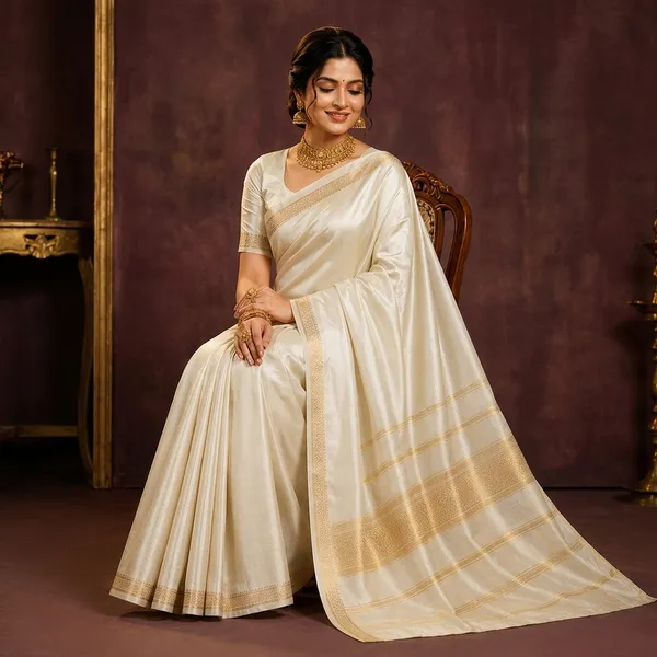 White_Silk_Blend_Golden_Zari_Border_Traditional_Saree_For_Women