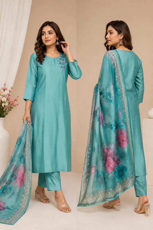 Turquoise_Satin_Silk_Embroidered_Straight_Kurta_Pant_Dupatta_Set_For_Women