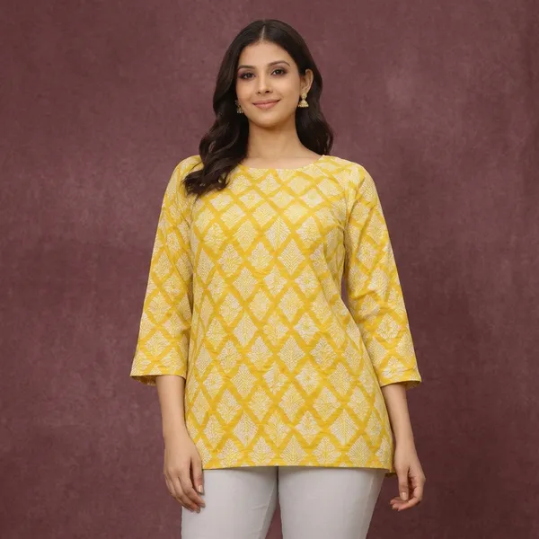 Yellow_Cotton_Straight_Fit_Printed_Tunic_Top_For_Women