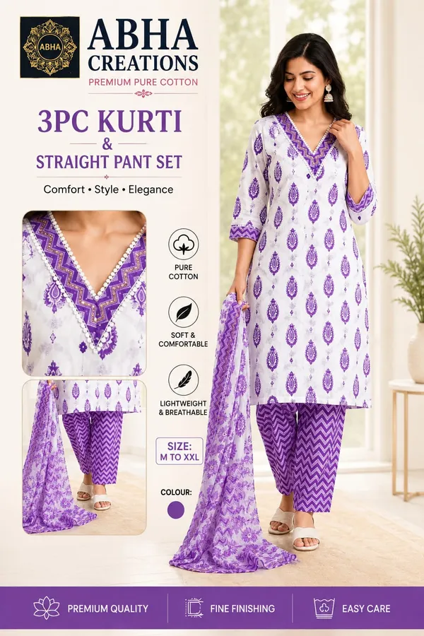 White_Purple_Cotton_Straight_Kurti_Pant_Dupatta_Set_For_Women