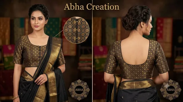 Black_Gold_Woven_Silk_Deep_Round_Neck_Ethnic_Blouse_For_Women
