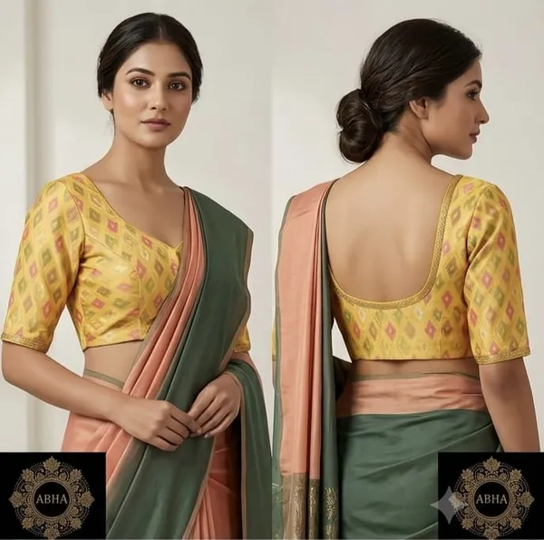 Yellow_Cotton_Ikat_Print_Square_Neck_Saree_Blouse_For_Women