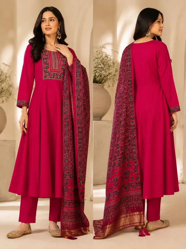 Magenta_Muslin_Flared_Anarkali_Embroidered_Kurta_Set_For_Women