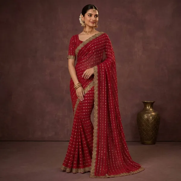 Red_Georgette_Sequin_Embellished_Fancy_Saree_For_Women