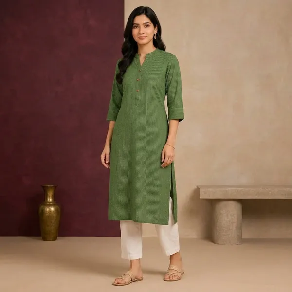 Green_Cotton_Striped_Straight_Fit_Kurta_For_Women