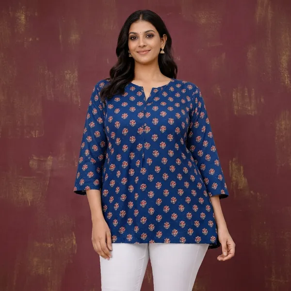 Blue_Cotton_Floral_Print_Short_Kurti_For_Women