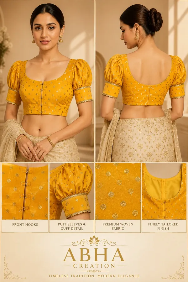 Yellow_Silk_Puff_Sleeve_Saree_Blouse_For_Women