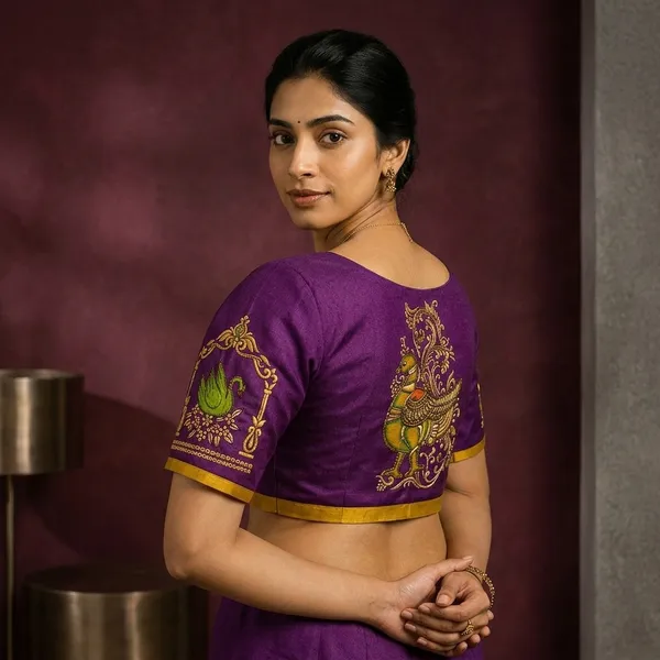 Purple_Cotton_Embroidered_Peacock_Print_Saree_Blouse_For_Women