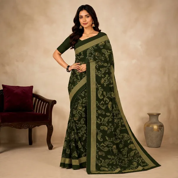 Green_Silk_Floral_Print_Golden_Border_Saree_For_Women