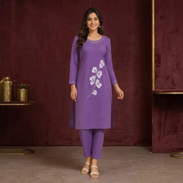 Purple_Cord_Fabric_Embroidered_Slim_Fit_Kurta_Set_For_Women
