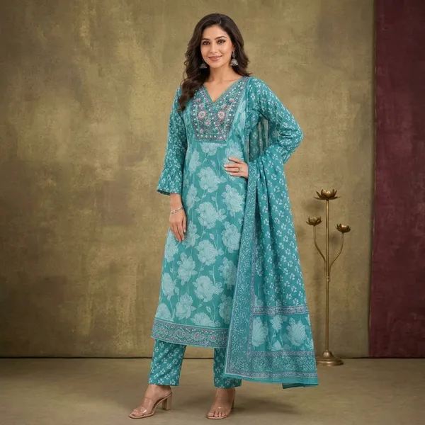 Teal_Cotton_Floral_Print_Embroidered_Kurti_Set_For_Women