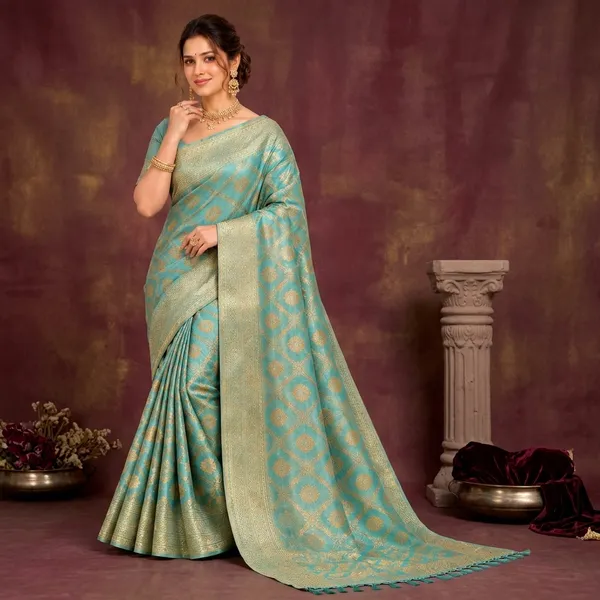Turquoise_Mix_Cotton_Gold_Zari_Floral_Woven_Saree_For_Women