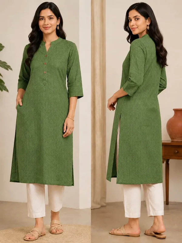 Green_Cotton_Striped_Straight_Fit_Kurta_For_Women