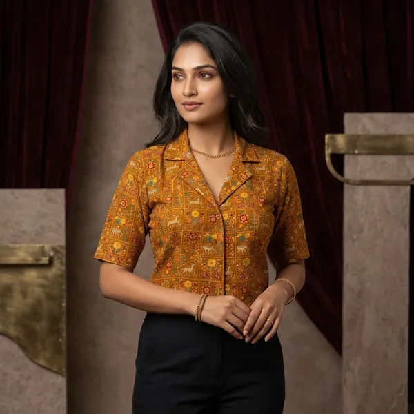 Mustard_Cotton_Kalamkari_Print_Collared_Blouse_For_Women