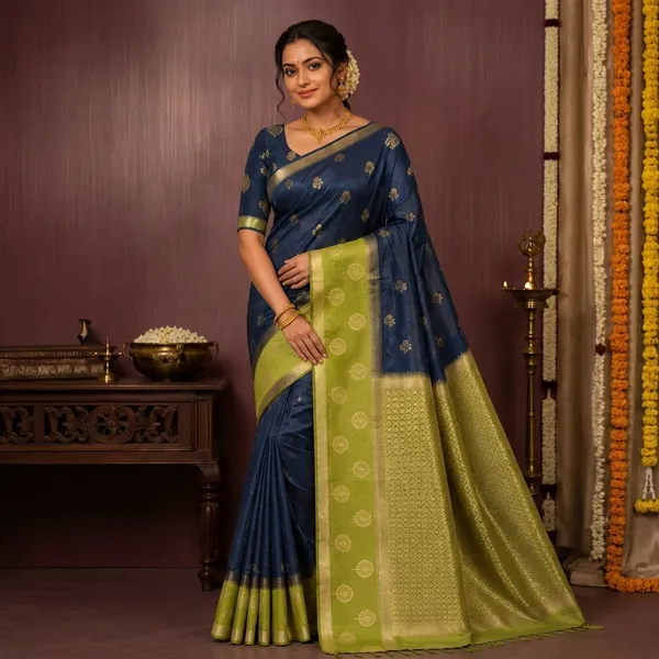 Blue_Silk_Zari_Woven_Contrast_Border_Banarasi_Saree_For_Women