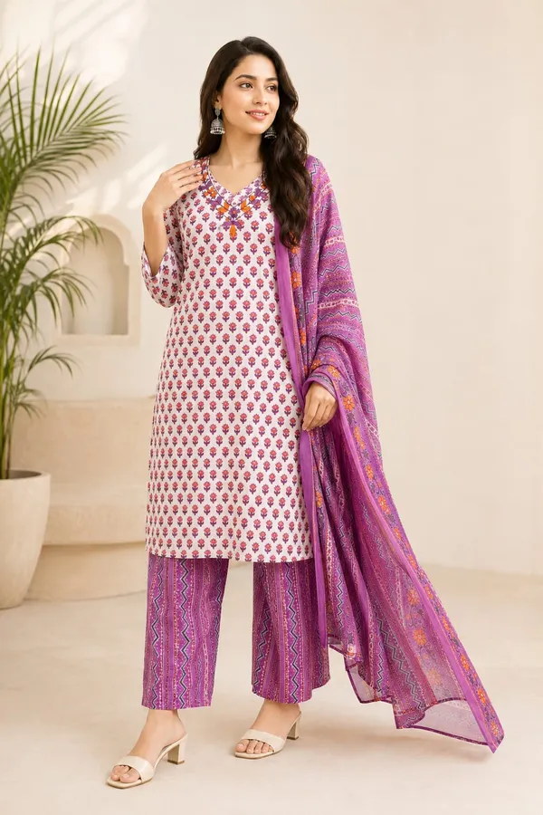 White_Cotton_Straight_Floral_Print_Kurta_Palazzo_Dupatta_Set_For_Women