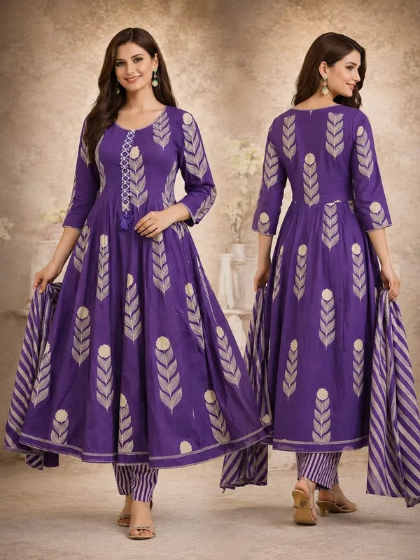 Purple_Cotton_Flared_Anarkali_Kurta_Palazzo_Dupatta_Set_For_Women