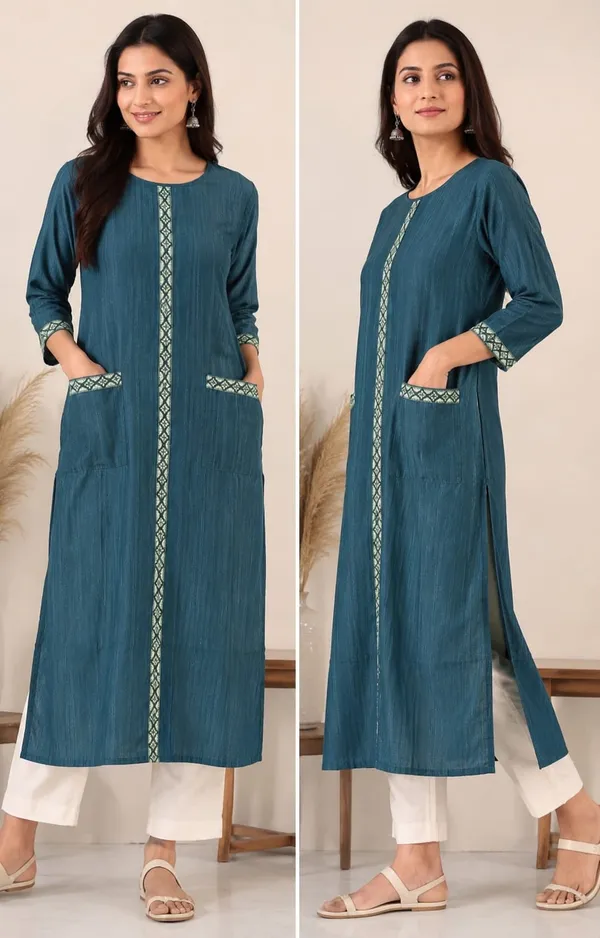 Teal_Rayon_Straight_Fit_Printed_Border_Kurta_For_Women