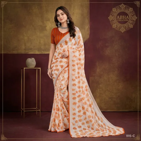 White_Stripe_Chiffon_Floral_Print_Saree_With_Orange_Blouse_For_Women