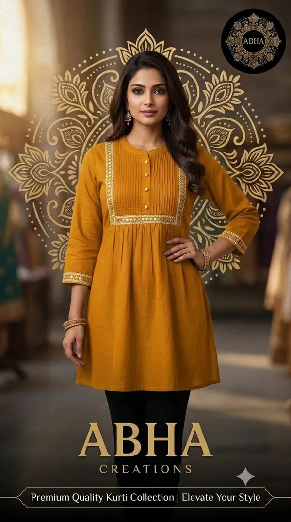 Mustard_Khadi_Cotton_A_Line_Lace_Trim_Short_Kurti_For_Women