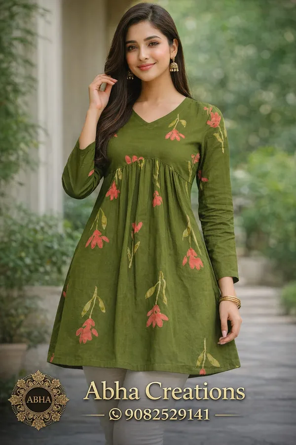 Green_Cotton_Floral_Print_Gathered_Kurti_For_Women