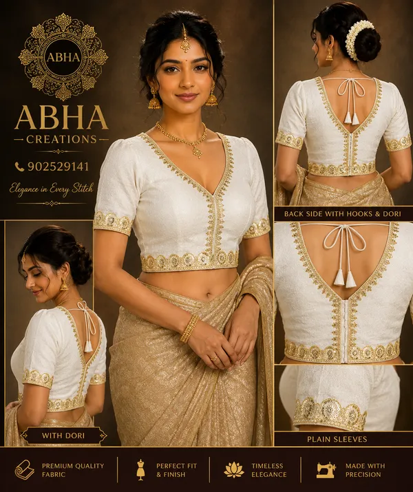 White_Silk_Gold_Bordered_V_Neck_Saree_Blouse_For_Women