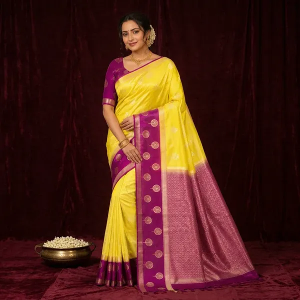 Yellow_Silk_Zari_Woven_Purple_Border_Kanjivaram_Saree_For_Women