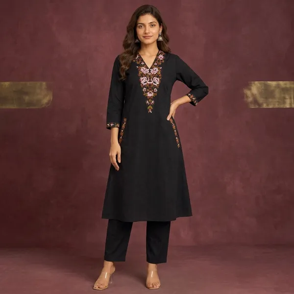 Black_Cotton_A_Line_Floral_Embroidered_Kurta_For_Women