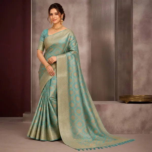 Turquoise_Banarasi_Silk_Gold_Zari_Floral_Woven_Saree_For_Women