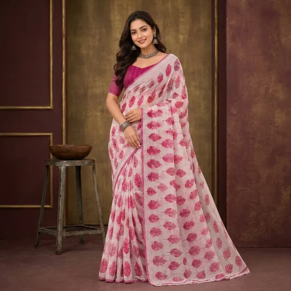 White_Pink_Stripe_Chiffon_Leaf_Print_Saree_For_Women