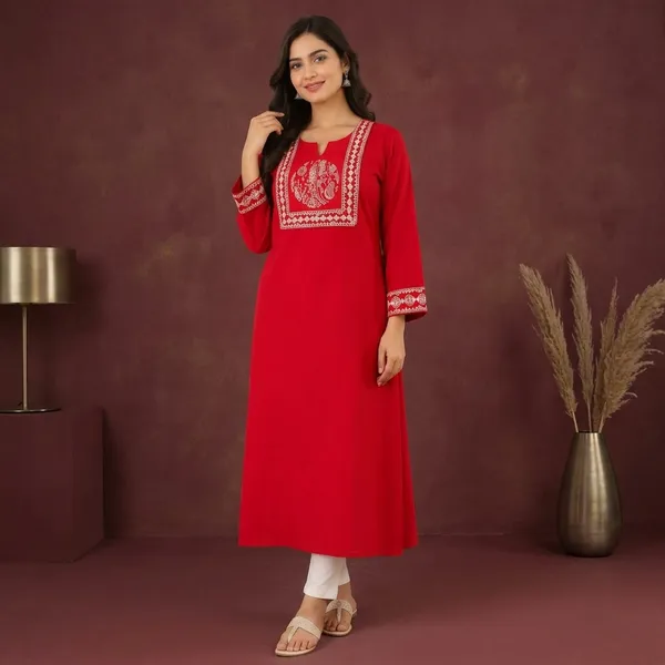 Red_Khadi_Cotton_Straight_Embroidered_Kurta_For_Women