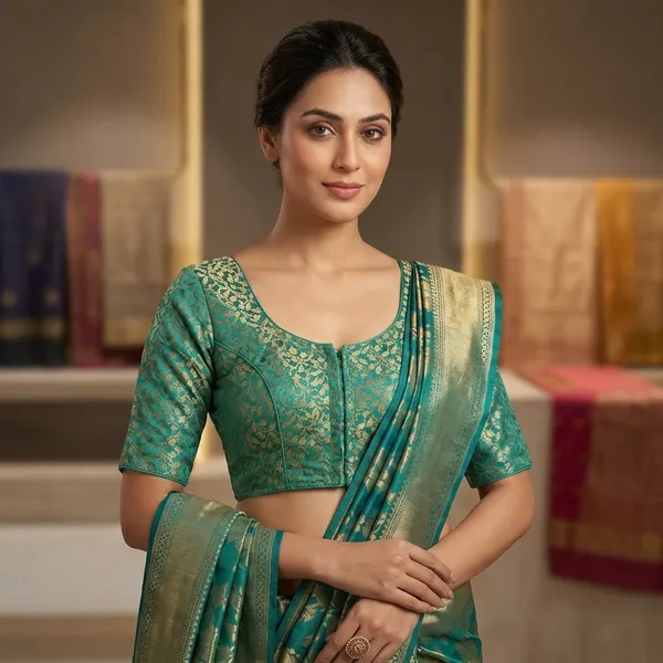 Teal_Gold_Zari_Woven_Silk_Round_Neck_Saree_Blouse_For_Women