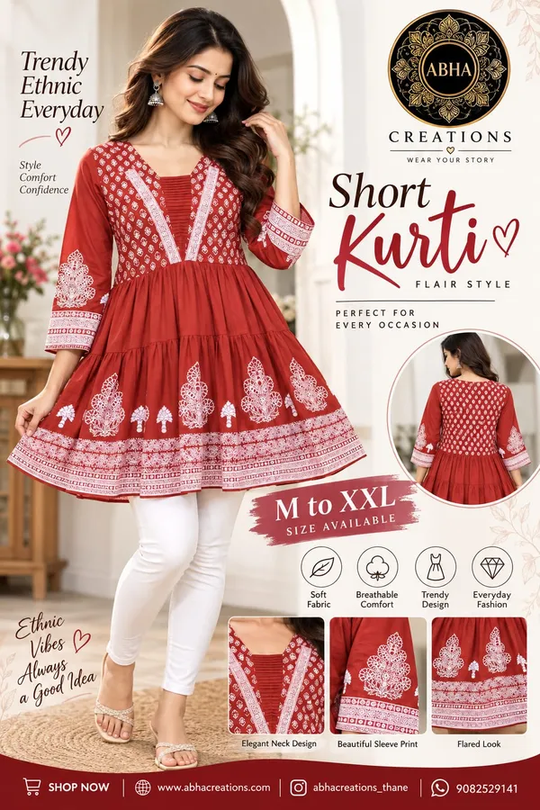 Red_Soft_Fabric_Flared_Short_Kurti_for_Women