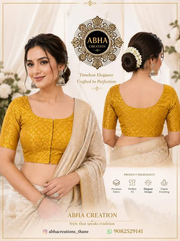 Mustard_Yellow_Jacquard_Elbow_Sleeve_Saree_Blouse_For_Women