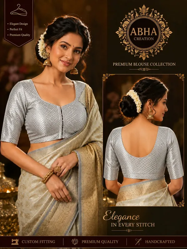 Silver_Silk_Textured_Square_Neck_Saree_Blouse_For_Women