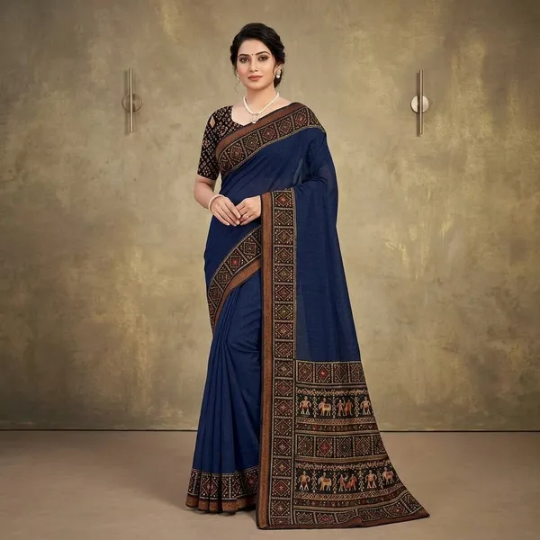 Navy_Blue_Linen_Cotton_Printed_Tribal_Border_Saree_For_Women