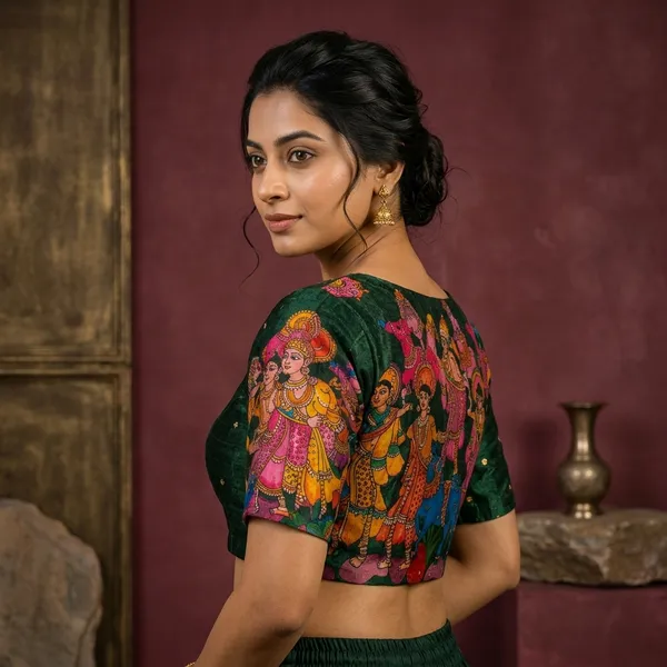 Green_Silk_Printed_Krishna_Leela_Saree_Blouse_For_Women