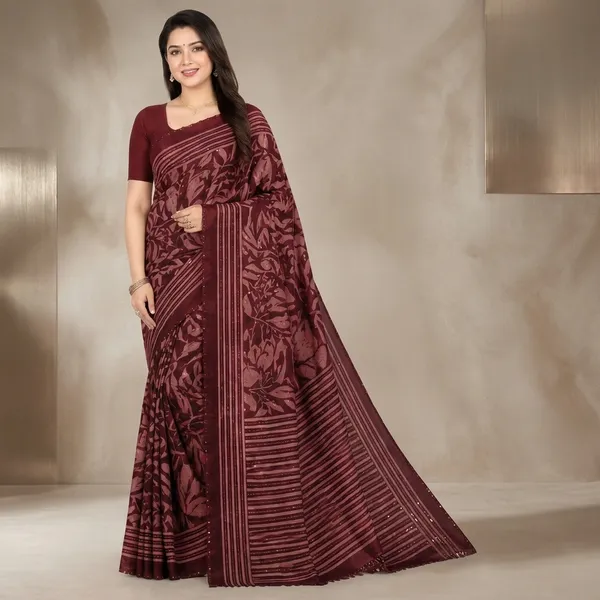 Maroon_Tissue_Linen_Printed_Sequin_Work_Saree_For_Women