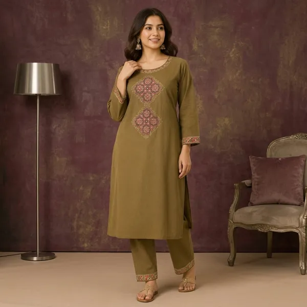 Mehendi_Green_Cotton_Straight_Embroidered_Kurta_Set_For_Women
